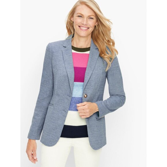 Talbots Easy Blue Knit Blazer Contrast Lining Crest Buttons Notch Collar 16 NWOT - Picture 2 of 10